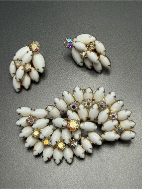 Vintage Navette Milk Glass Brooch and Clip-On Earring Set